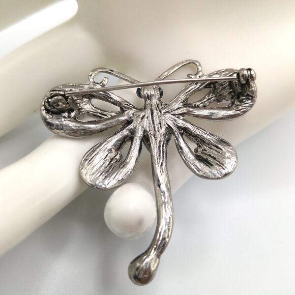 Dragonfly Pink Rhinestone Brooch, Gray Metallic Rhinestones, 1990s Vintage - Picture 6 of 10